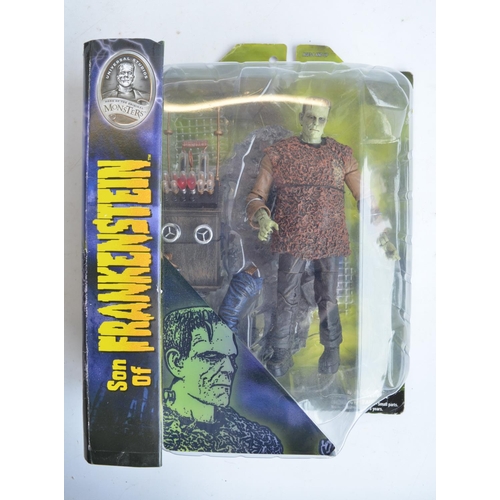 1113 - WITHDRAWN Three Frankenstein related action figure models, all in mint condition inside at least goo... 