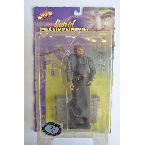 1113 - WITHDRAWN Three Frankenstein related action figure models, all in mint condition inside at least goo... 