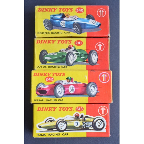 334 - Four vintage diecast racing car models from Dinky Toys to include 240 Cooper, 241 Lotus, 242, Ferrar... 