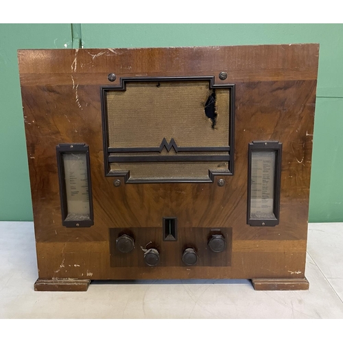 1122 - Art deco domestic radio, all Bakelite dials in good working order, Marconi 'M' speaker grill with sm... 