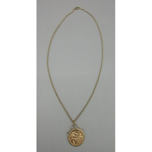 168 - ER.II 2000, half sovereign in 9ct yellow gold mount, on 9ct yellow gold chain, both stamped 375, 10.... 