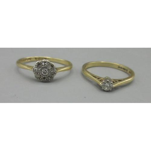 169 - 18ct yellow gold diamond cluster ring, stamped 18, M1/2, and a diamond solitaire ring, stamped 750, ... 