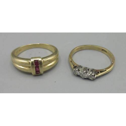 170 - 18ct yellow gold ruby set ring, stamped 750, size L, and a yellow metal ring set with white stones, ... 