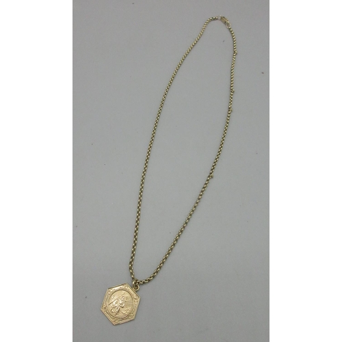 174 - 9ct yellow gold St. Christopher pendant, stamped 375, on 9ct yellow gold belcher chain, stamped 375,... 