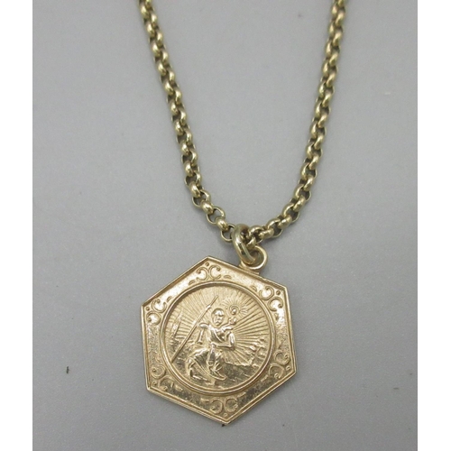 174 - 9ct yellow gold St. Christopher pendant, stamped 375, on 9ct yellow gold belcher chain, stamped 375,... 