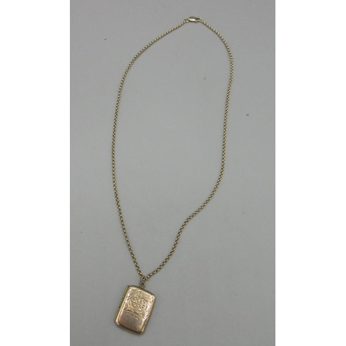 176 - 9ct yellow gold rectangular locket pendant with engraved foliage detail, stamped 9ct, on 9ct yellow ... 