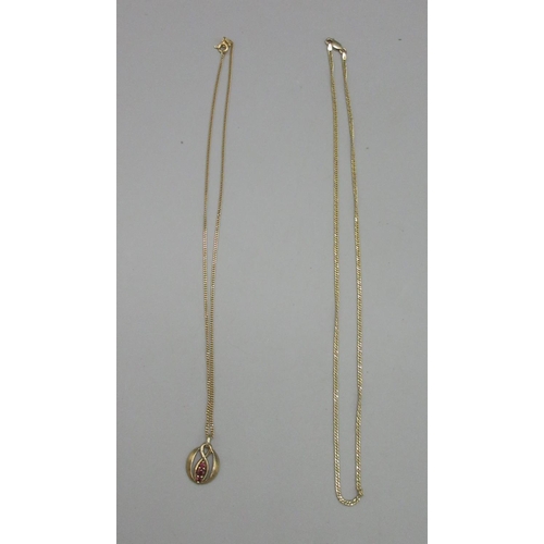 183 - 9ct yellow gold pendant set with rubies, on 9ct gold chain, both stamped 375, L40cm, and another 9ct... 