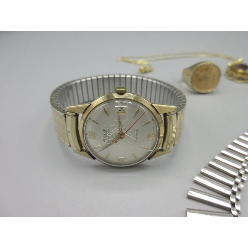 30 - 1960's Rone 9ct gold wristwatch with date, signed sunburst silvered dial, applied Arabic and baton i... 