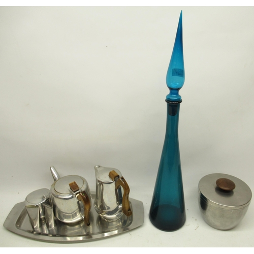 1024 - Blue glass genie bottle and mid century picquot ware incl tea, coffee and sugar pot, etc.