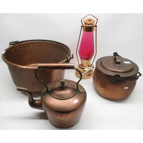 1027 - Crestworth copper and glass lava lamp H47cm, large copper pan, copper pan with lid and copper kettle