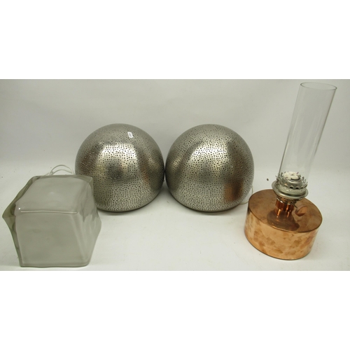 1049 - Vanessa Feltz collection - Vintage ikea glass ice cube table lamp, copper and glass oil lamp, and a ... 