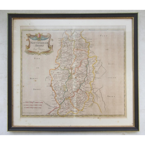 593 - 17th Century framed engraved map of Nottinghamshire by Robert Morden & a 1836 map of Northumberland ... 