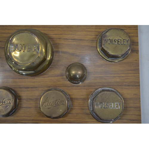 276 - Collection of plaque mounted vintage car wheel nuts from Swift, Austin, Buick and Wolesley. Plaque d... 