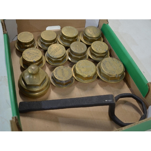 279 - Twelve vintage brass carriage wheel nuts to include J Marsh (Boston), C Youngs (Wormegay), Wedgbury ... 