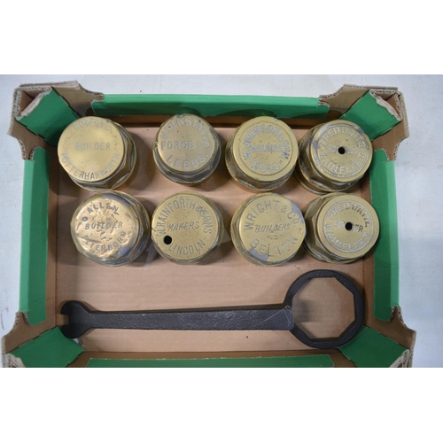 283 - Eight vintage brass carriage wheel nuts to include Allen (Peterboro), W. Rainforth (Lincoln), Wright... 