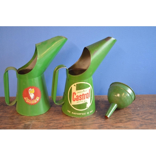 288 - Two metal oil cans from Castrol and Esso, both 1 quart and a metal funnel, no makers marks