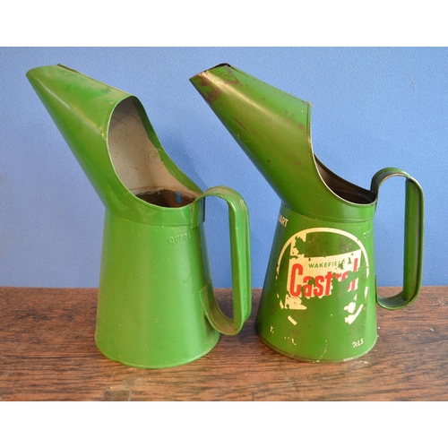 288 - Two metal oil cans from Castrol and Esso, both 1 quart and a metal funnel, no makers marks