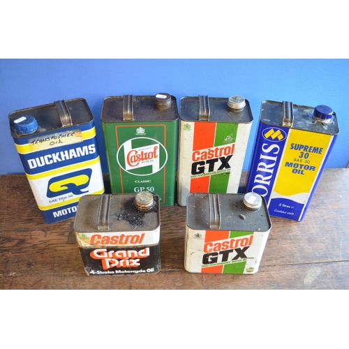 291 - Six tins of motor oil from Morris, Castrol and Duckhams, all with contents (some partially full)