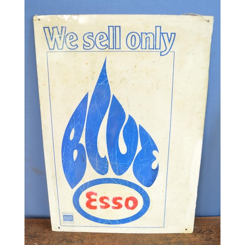 293 - Collection of vintage advertising signs and objects to include a double sided printed metal Esso Blu... 