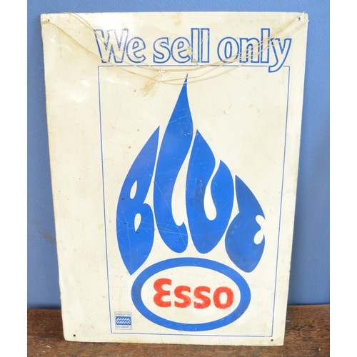 293 - Collection of vintage advertising signs and objects to include a double sided printed metal Esso Blu... 