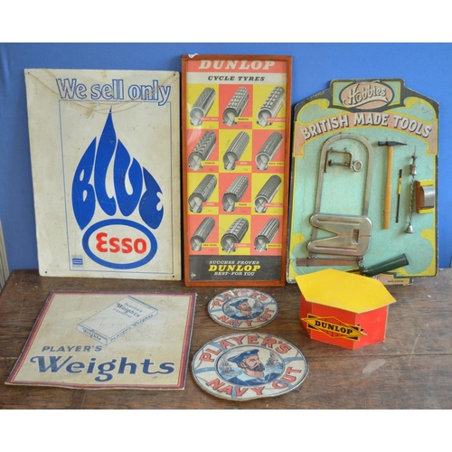 293 - Collection of vintage advertising signs and objects to include a double sided printed metal Esso Blu... 