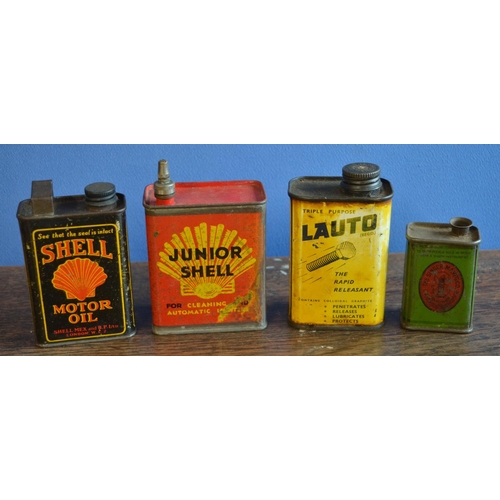 310 - Collection of small vintage oil cans to include Shell, Junior Shell, Silkolene, Singer and Lauto. Al... 