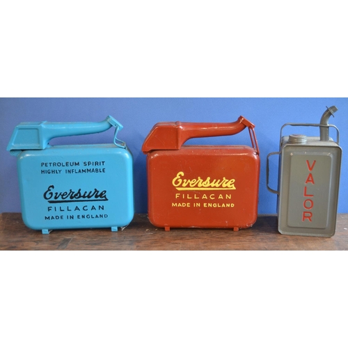 311 - Three vintage restored/repainted petrol cans to include Valor and 2x Eversure Fillacans