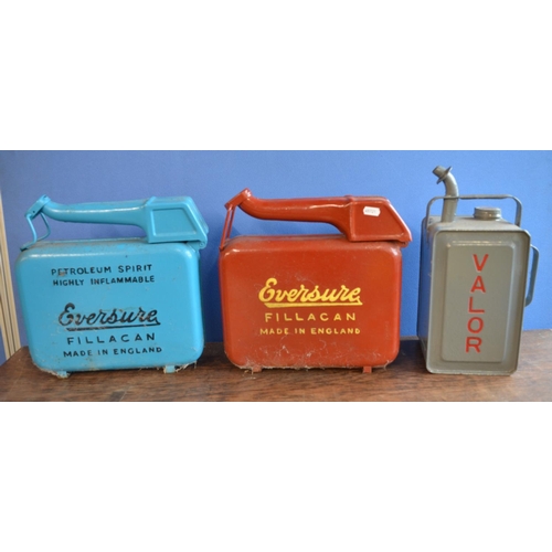 311 - Three vintage restored/repainted petrol cans to include Valor and 2x Eversure Fillacans