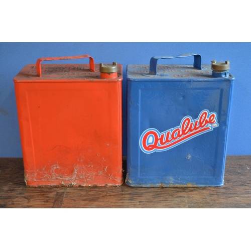 316 - Two vintage restored/repainted Qualube petrol cans (with added modern vinyl logos)