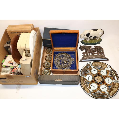 1189 - Two cast metal doorstops; stoneware hot water bottle; Radford butter dish; Royal Sefton crystal deca... 