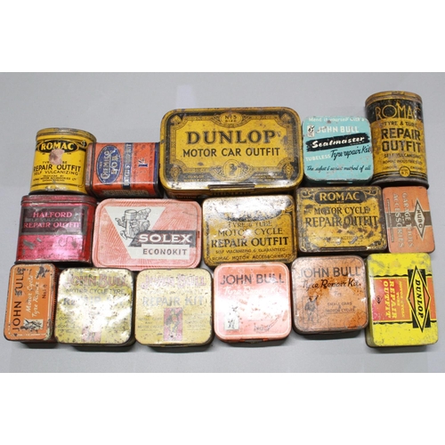 322 - Collection of tyre repair tins, Halfords, Dunlop, etc. (16)