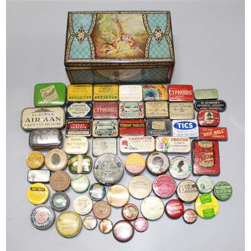 333 - Biscuit tin containing a large collection of tins of household uses. Blood and Stomach pills, 666bra... 