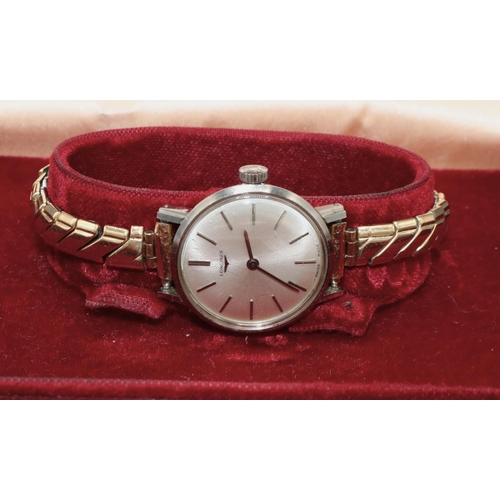 577 - Ladies Longines stainless steel wristwatch, signed silvered sunburst dial with baton hours, signed c... 