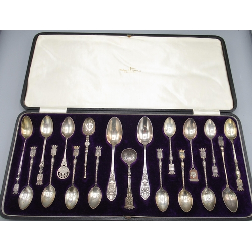 161 - Collection of early 20th Century English and French souvenir spoons in fitted Walker & Hall case, W6... 