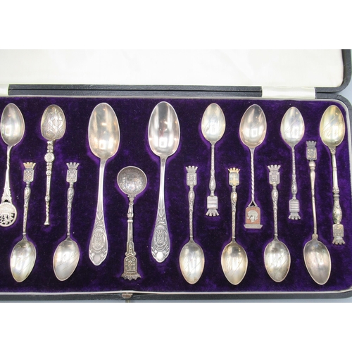 161 - Collection of early 20th Century English and French souvenir spoons in fitted Walker & Hall case, W6... 