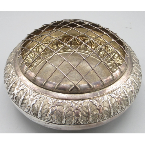 191 - Mid 20th Century Kelantan silver rose bowl of bun form with band of stylised foliage decoration, sta... 