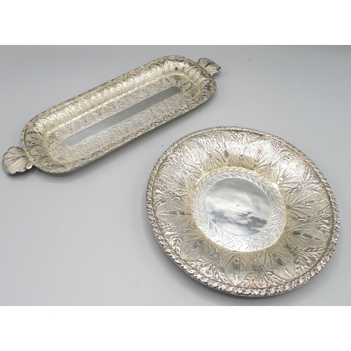 192 - Kelantan silver rectangular tray with shaped leaf handles and foliage decoration, stamped to base, a... 