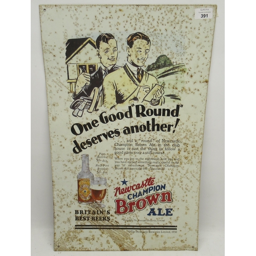 391 - Newcastle Champion Brown Ale tin plate advertising sign, 61cm x 38cm