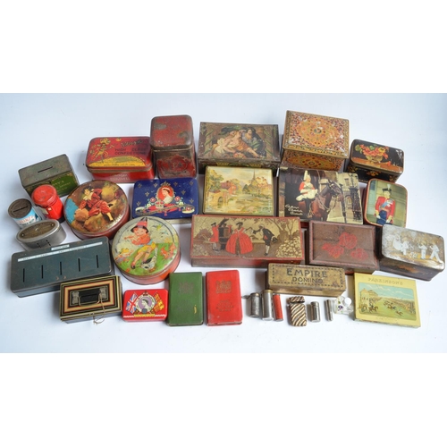 329 - Collection of vintage metal tins and coin banks to include 2x Post Office Savings money boxes (one w... 