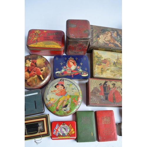 329 - Collection of vintage metal tins and coin banks to include 2x Post Office Savings money boxes (one w... 