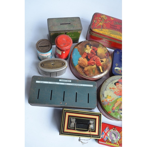 329 - Collection of vintage metal tins and coin banks to include 2x Post Office Savings money boxes (one w... 