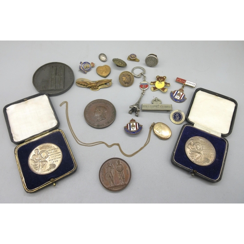 26 - 9ct gold locket on chain, stamped 9ct, 5.7g, a collection of medals including a sterling silver meda... 