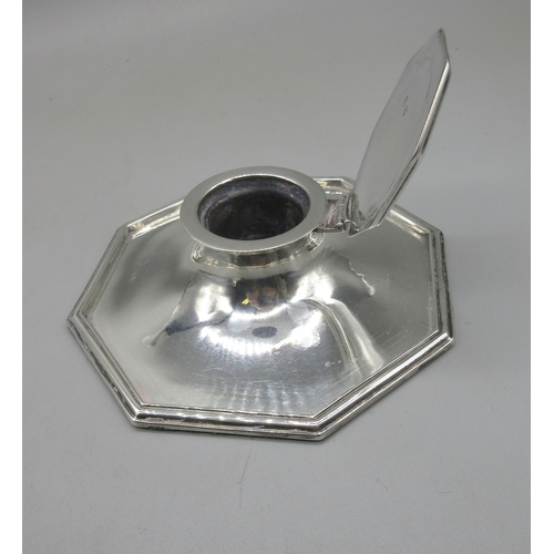 36 - Geo.V hallmarked Sterling silver inkwell with octagonal base, makers mark worn, Sheffield, 1922, and... 
