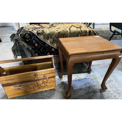 742 - Teak magazine rack, teak lamp table on angular cabriole legs and a wall hanging decorated with Deer,... 