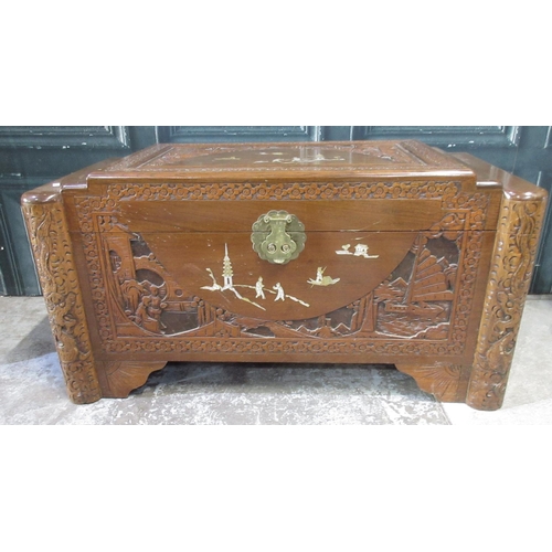 743 - Chinese camphor lined blanket box, carved and inlaid with landscapes and figures, stepped lid with b... 