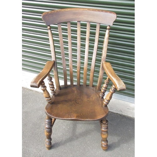 746 - Victorian ash and elm slat back kitchen Windsor type chair, on turned supports with stretchers