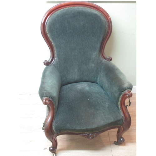 749 - WITHDRAWN Victorian mahogany framed nursing chair, upholstered in green, on cabriole legs, H107cm