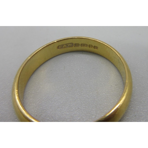 163 - 22ct yellow gold wedding band, stamped 22, size L, 3.7g