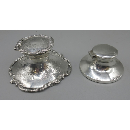 39 - Edwardian hallmarked Sterling silver inkwell with C scroll border, Chester, 1905, and a smaller silv... 