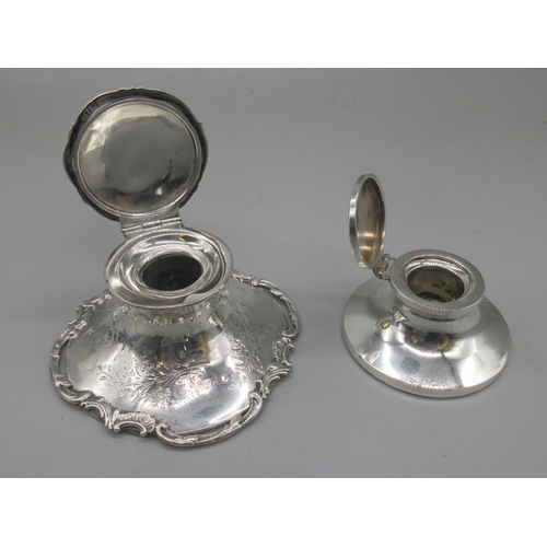 39 - Edwardian hallmarked Sterling silver inkwell with C scroll border, Chester, 1905, and a smaller silv... 